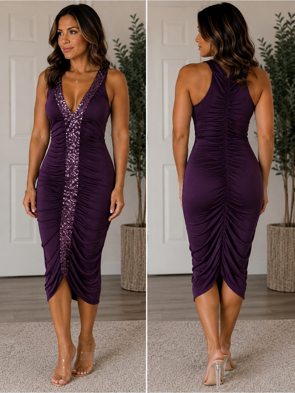Sequined V-Neck Ruched Midi Dress - Purple